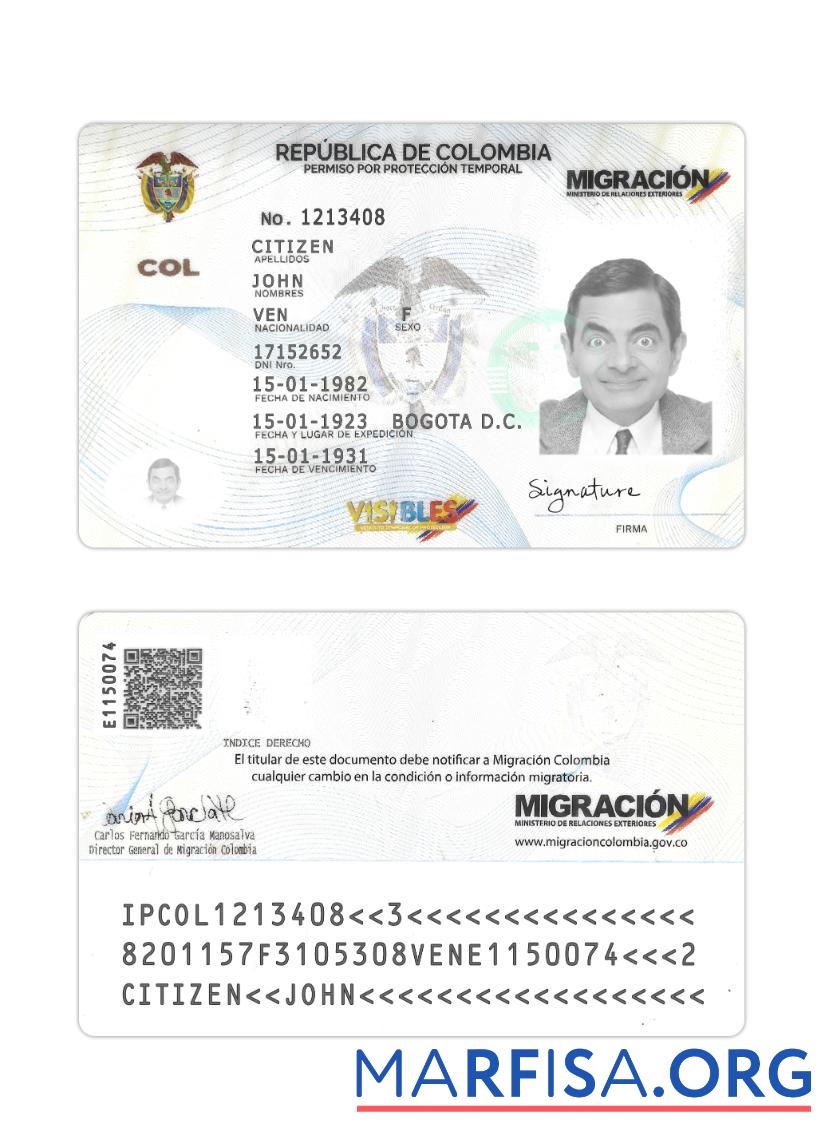 Realistic Colombia temporary protection leave card sample